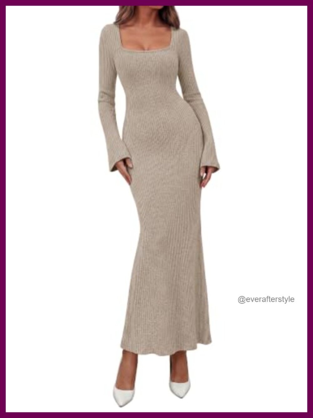 Women's Ribbed Long Sleeve Maxi Bodycon Sweater Dress Square Neck